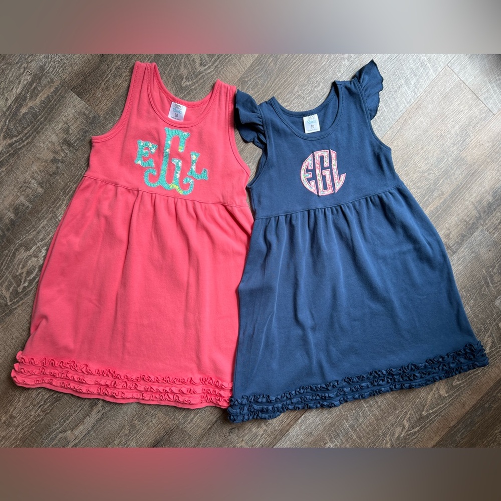 TWO “EGL” Applique Navy & Coral Dresses Girls Size 10